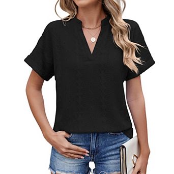 Women's Loose Fit V-Neck Eyelet Blouse Short Rolled Sleeve Casual Embroidered T-Shirt