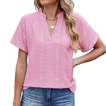 Women's Loose Fit V-Neck Eyelet Blouse Short Rolled Sleeve Casual Embroidered T-Shirt