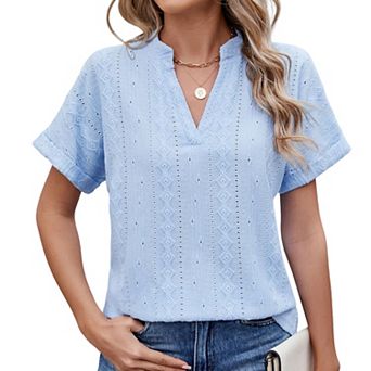 Women's Loose Fit V-Neck Eyelet Blouse Short Rolled Sleeve Casual Embroidered T-Shirt