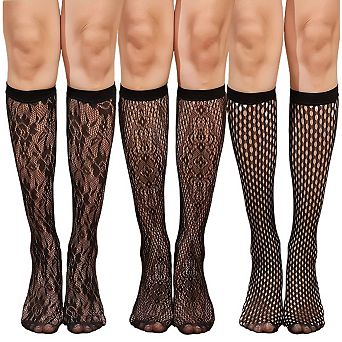 3Pair Women's Fishnet Knee High Socks Stylish Lace Hollow Stockings