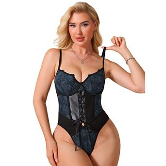 Women's PU Leather Shapewear Bodysuit Underwire Plunge Corset Cami Tops Thong Bodyshaper