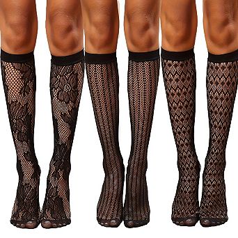 3 Pairs of Women's Socks with Lace Trim Printed Mesh Socks