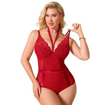 Halter Neck Shapewear Bodysuit for Women Plunge Lace Mesh See Through Underwire Bodyshaper
