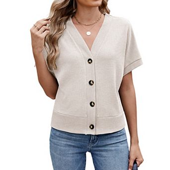 Women Cropped Cardigan Crochet Knit Lightweight Button Down V Neck Short Sleeve Sweater