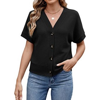 Women Cropped Cardigan Crochet Knit Lightweight Button Down V Neck Short Sleeve Sweater