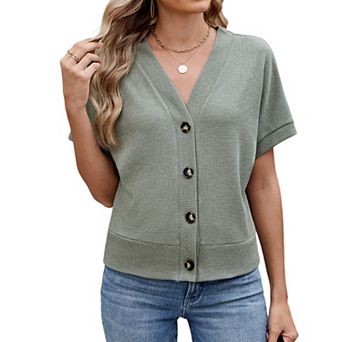 Women Cropped Cardigan Crochet Knit Lightweight Button Down V Neck Short Sleeve Sweater