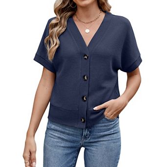 Women Cropped Cardigan Crochet Knit Lightweight Button Down V Neck Short Sleeve Sweater