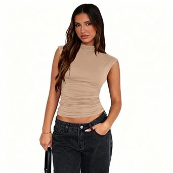 Women's Mock Neck Ruched Sleeveless Top, Slim Fit Stretchy Casual Cap Sleeve Blouse
