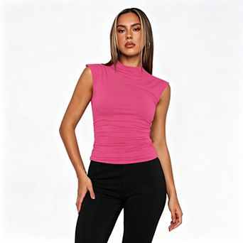 Women's Mock Neck Ruched Sleeveless Top, Slim Fit Stretchy Casual Cap Sleeve Blouse