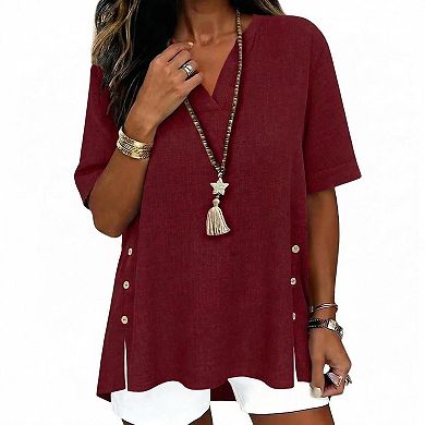 Women’s Summer Linen Blouse Short Sleeve V Neck Top Side Button Slit Blouse