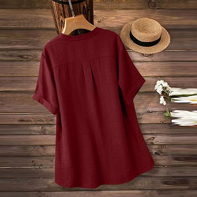 Women’s Summer Linen Blouse Short Sleeve V Neck Top Side Button Slit Blouse