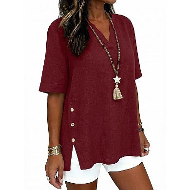 Women’s Summer Linen Blouse Short Sleeve V Neck Top Side Button Slit Blouse