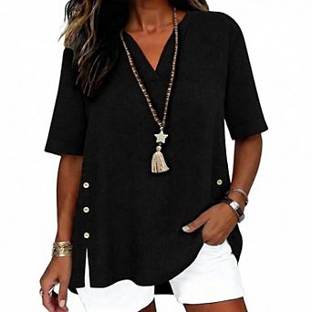Women’s Summer Linen Blouse Short Sleeve V Neck Top Side Button Slit Blouse