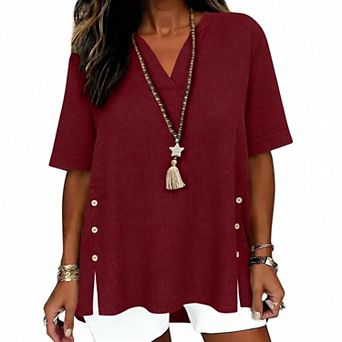 Women’s Summer Linen Blouse Short Sleeve V Neck Top Side Button Slit Blouse