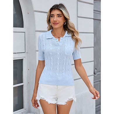 Women's V Neck Short Sleeve Knit Breathable Pullover Sweater Top