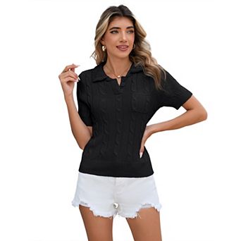 Women's V Neck Short Sleeve Knit Breathable Pullover Sweater Top