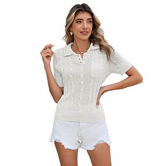 Women's V Neck Short Sleeve Knit Breathable Pullover Sweater Top