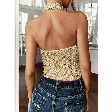 Women’s Y2K Sequin Halter Crop Top Sleeveless Backless Party Camisole