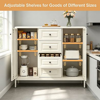 Beige Storage Sideboard Buffet Cabinet with 4 Drawers and 2 Doors