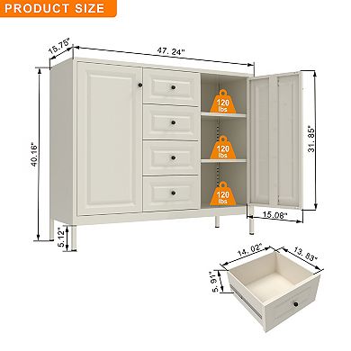Beige Storage Sideboard Buffet Cabinet with 4 Drawers and 2 Doors
