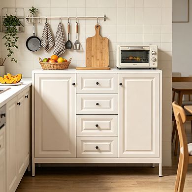 Beige Storage Sideboard Buffet Cabinet with 4 Drawers and 2 Doors