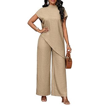 Women's Mock Neck Cap Sleeve Asymmetrical Tunic Top Wide Leg Pants 2 pc Casual Outfit Set