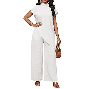 Women's Mock Neck Cap Sleeve Asymmetrical Tunic Top Wide Leg Pants 2 pc Casual Outfit Set