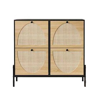 Space-Saving Rattan Shoe Cabinet with 4 Flip-Down Doors, Hand-Woven Semicircle Geometric Design