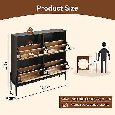 Space-Saving Rattan Shoe Cabinet with 4 Flip-Down Doors, Hand-Woven Semicircle Geometric Design