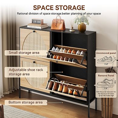 Space-Saving Rattan Shoe Cabinet with 4 Flip-Down Doors, Hand-Woven Semicircle Geometric Design