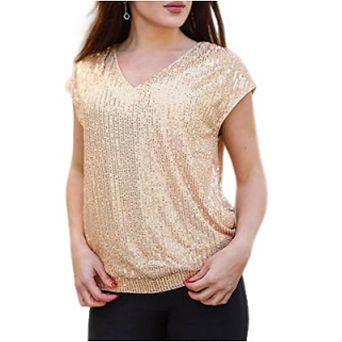 V Neck Sequin Short Sleeve Tops for Women Elastic Sparkle Tank Top for Party