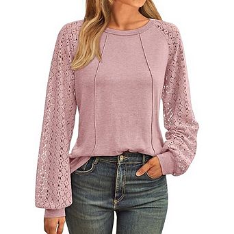 Women's Round Neck Lace Raglan Long Sleeve Top Hollow Out Lantern Sleeve Casual Blouse Shirts