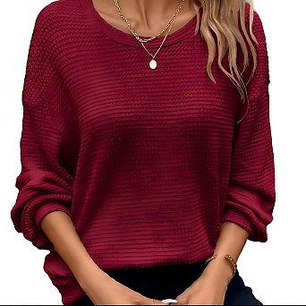Women's Round Neck Waffle Knit Long Sleeve Top, Loose Fit Casual Lightweight Pullover Blouse