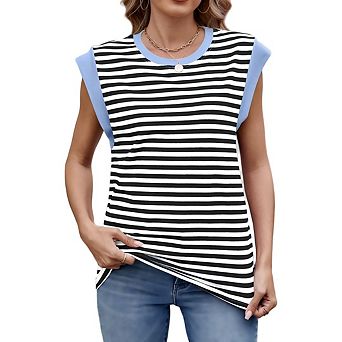 Women's Color Block Cap Sleeve Tank Top, Crew Neck Striped Sleeveless Casual Summer Tee Shirt