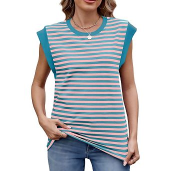 Women's Color Block Cap Sleeve Tank Top, Crew Neck Striped Sleeveless Casual Summer Tee Shirt
