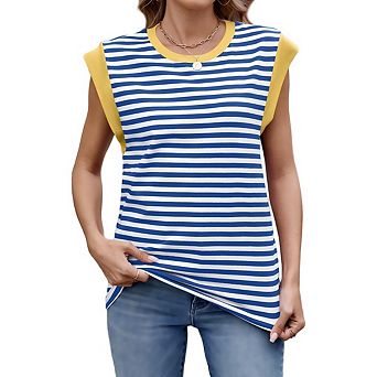 Women's Color Block Cap Sleeve Tank Top, Crew Neck Striped Sleeveless Casual Summer Tee Shirt