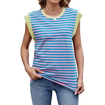 Women's Color Block Cap Sleeve Tank Top, Crew Neck Striped Sleeveless Casual Summer Tee Shirt