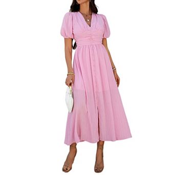 Women's Vertical Textured Midi Dress, V Neck Short Sleeve Ruched Waist Split Front Long Dress