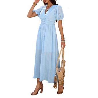 Women's Vertical Textured Midi Dress, V Neck Short Sleeve Ruched Waist Split Front Long Dress
