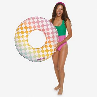 Funsicle Rainbow Checkered FunTube, 31" Inflatable Pool Float, Multicolor, Age 9 and up