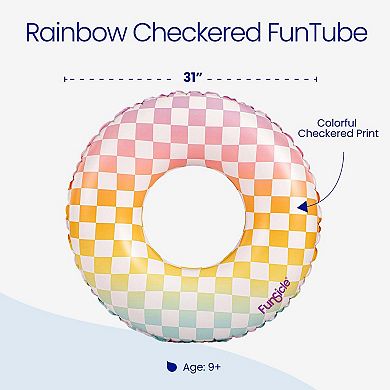 Funsicle Rainbow Checkered FunTube, 31" Inflatable Pool Float, Multicolor, Age 9 and up