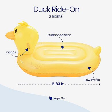 Funsicle Duck Ride-On, 5.83ft Inflatable Pool Float for 2 Riders, 2 Handles, Age 9 and up