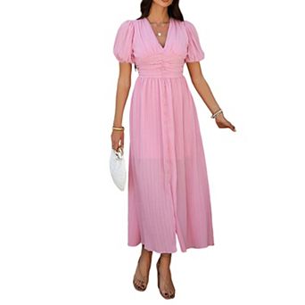 V Neck Ruched Waist Midi Dress Textured Short Sleeve Split Front Long Dress for Women