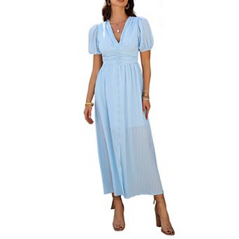 V Neck Ruched Waist Midi Dress Textured Short Sleeve Split Front Long Dress for Women