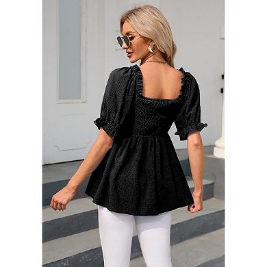 Blueming Women's Short Puff Sleeve Square Neck Smocked Casual Top