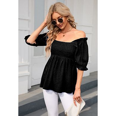 Blueming Women's Short Puff Sleeve Square Neck Smocked Casual Top
