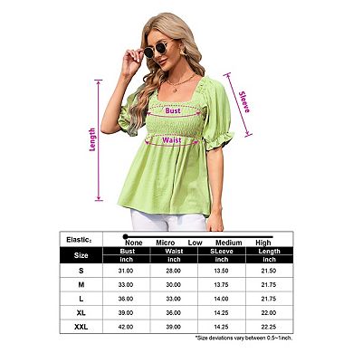 Blueming Women's Short Puff Sleeve Square Neck Smocked Casual Top