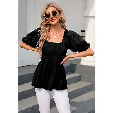 Blueming Women's Short Puff Sleeve Square Neck Smocked Casual Top