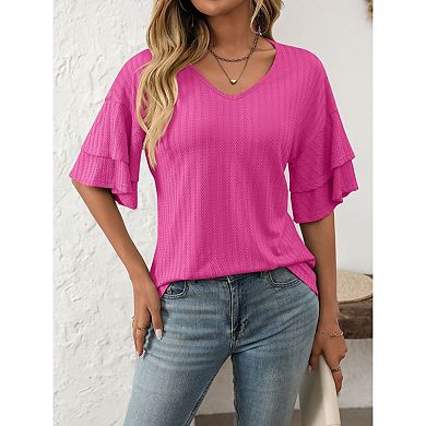 Blueming Women's Short Ruffle Sleeve V Neck Jacquard Casual Loose Top