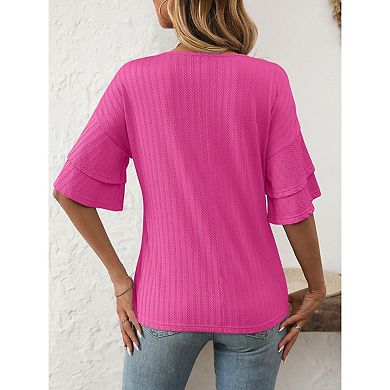Blueming Women's Short Ruffle Sleeve V Neck Jacquard Casual Loose Top